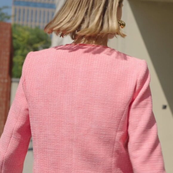 Tweed Cropped Blazer Collarless Button Down Vintage Chic Work Office - Picture 8 of 8